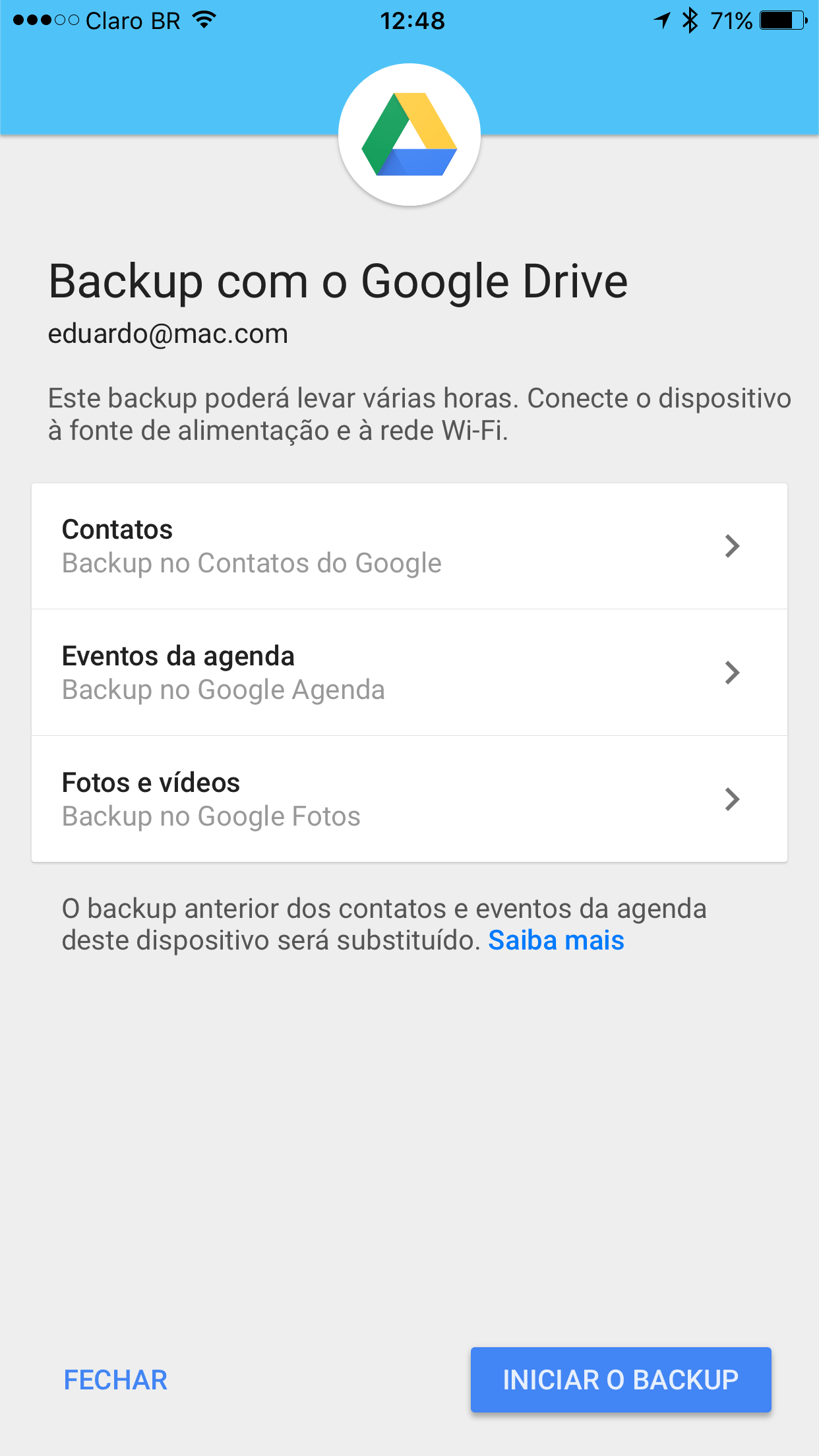 Opção de backup de informações no Google Drive para iOS