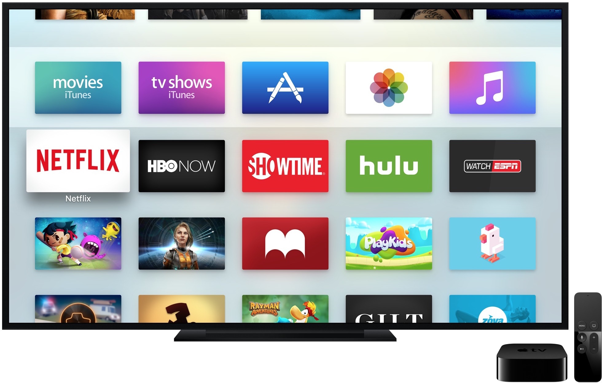 Apple TV com diversos apps, incluindo o PlayKids