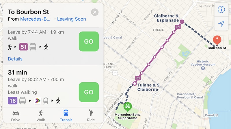 Apple Maps transporte público New Orleans
