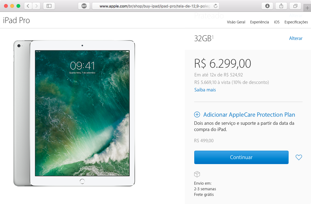 Página de venda do iPad Pro de 12,9 polegadas acusando estoques baixos