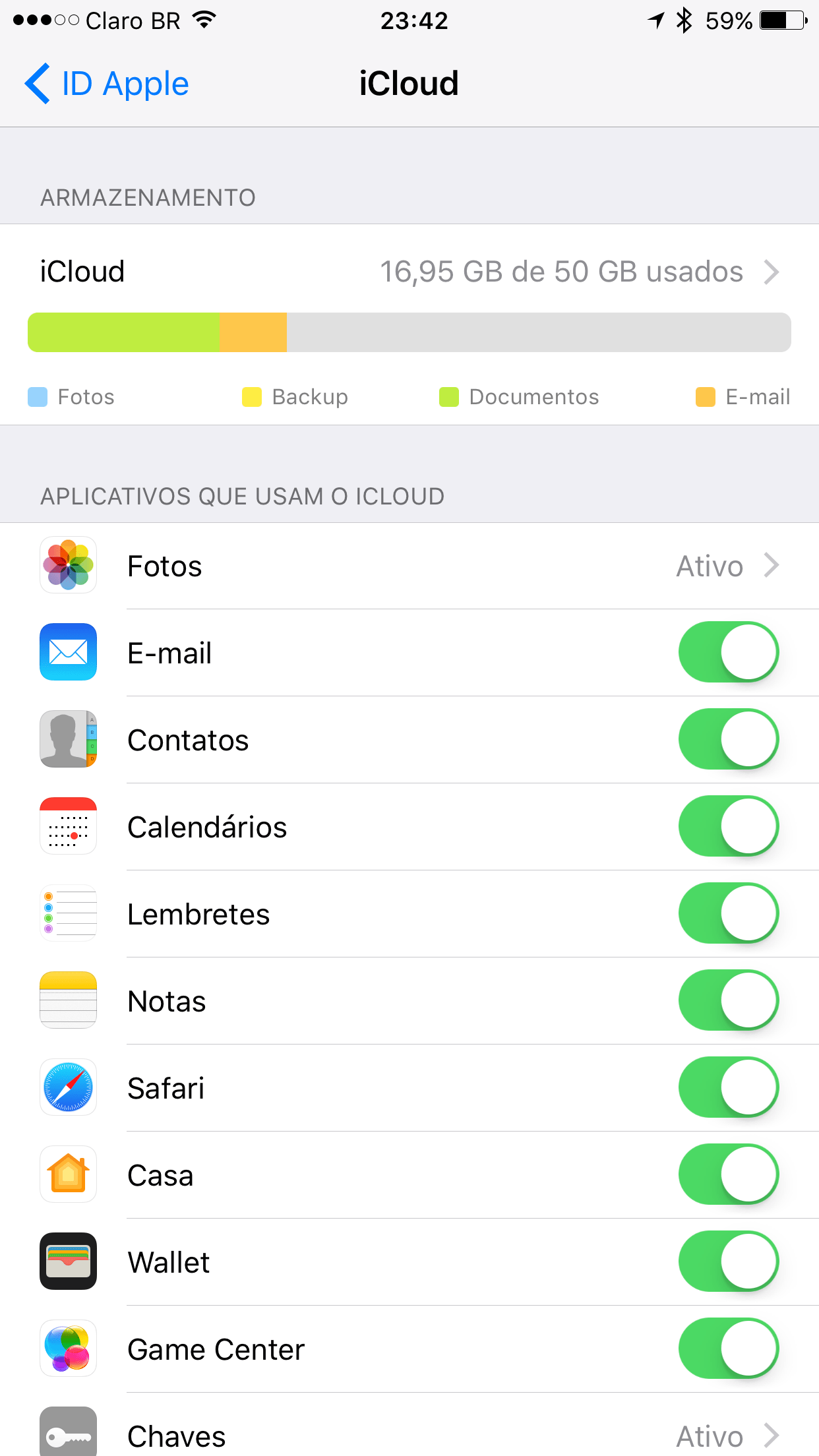Área do iCloud - Ajustes do iOS