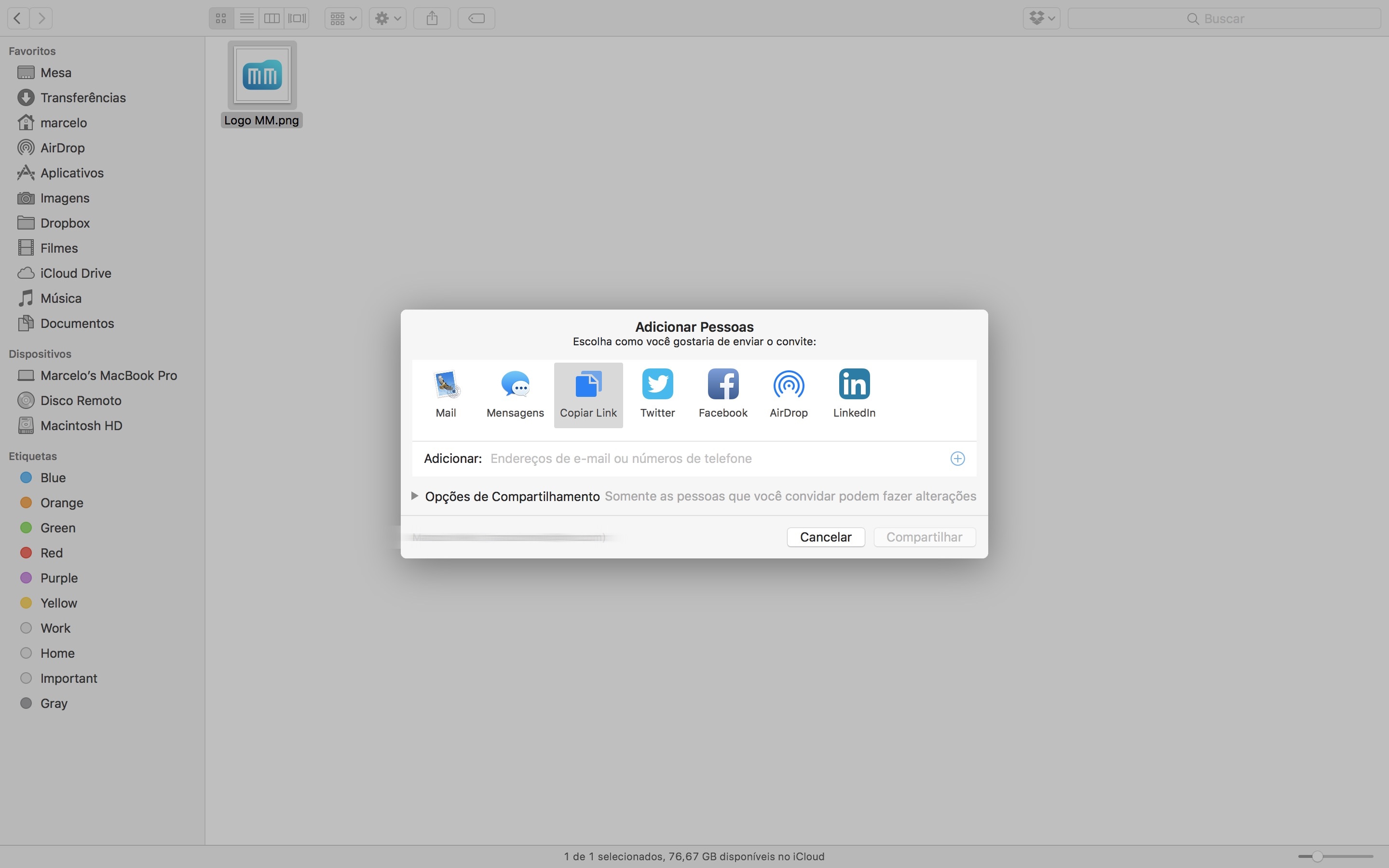 Compartilhando um arquivo no iCloud Drive pelo Finder do macOS