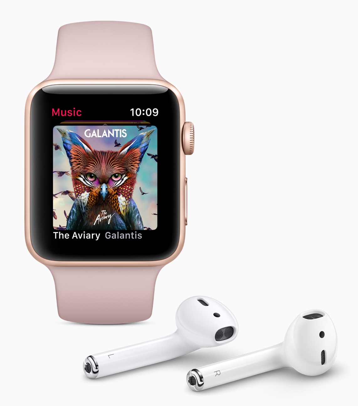 Novo app Música do watchOS 4 no Apple Watch Series 3 com AirPods do lado
