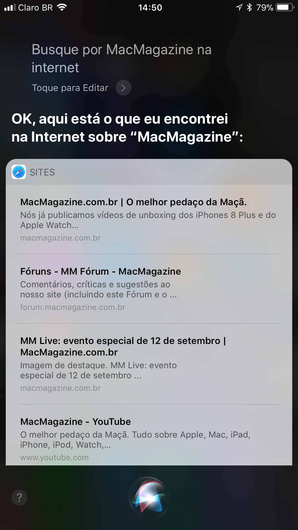 Siri mostrando resultados do Google