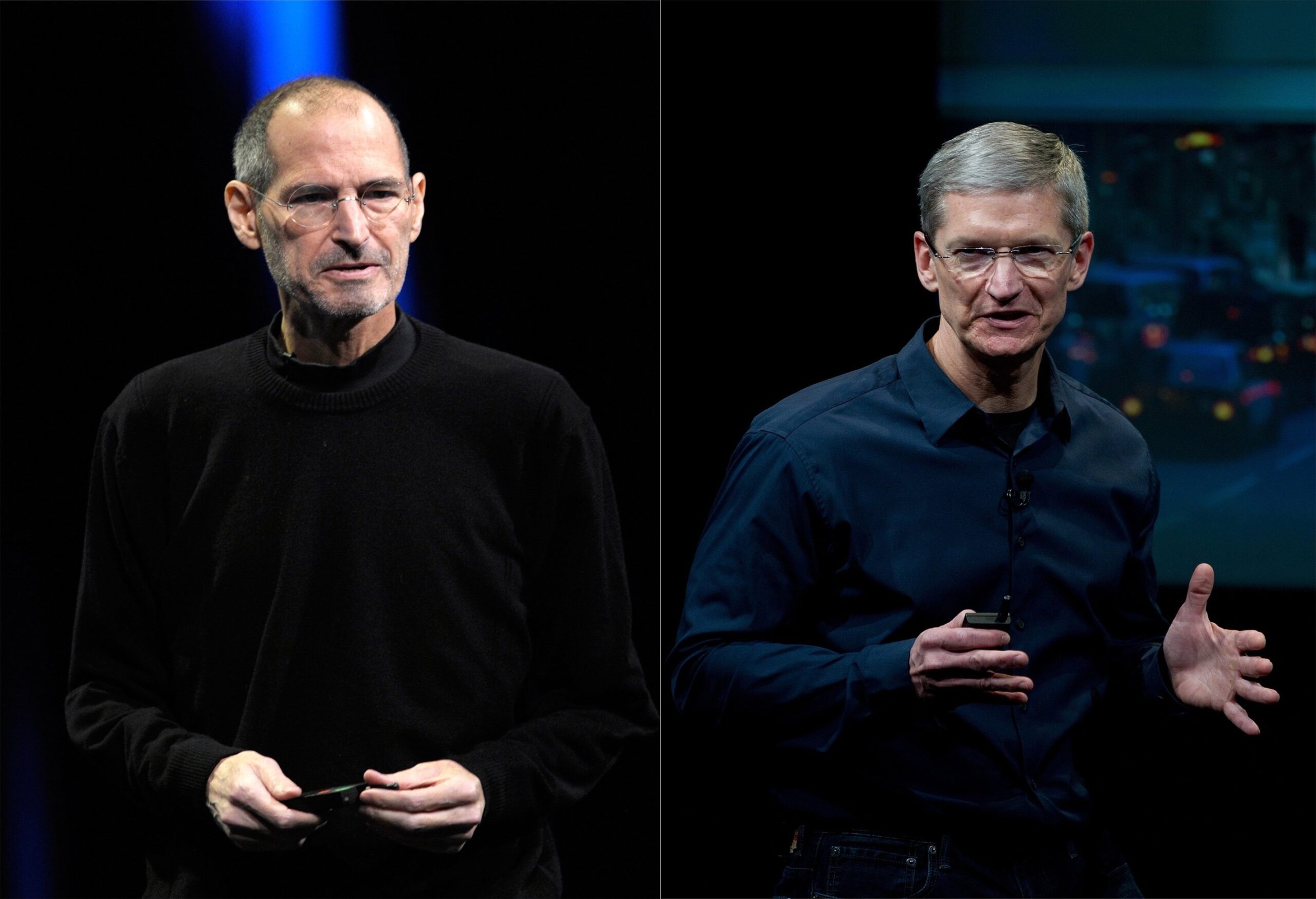 Montagem com fotos de Steve Jobs e Tim Cook