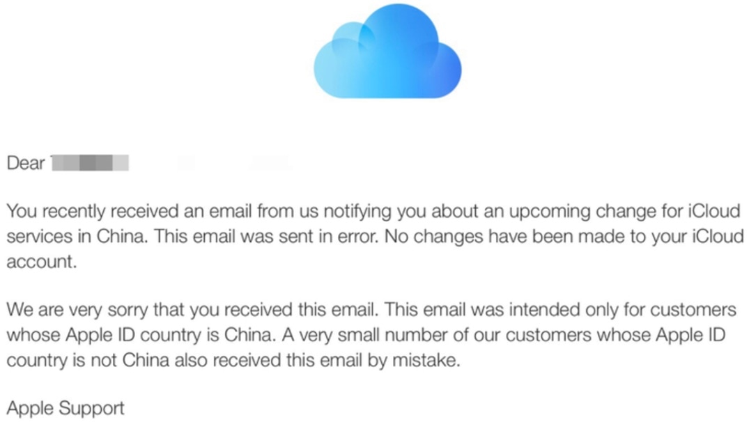 Email sobre os servidores do iCloud enviado por engano para usuários fora da China
