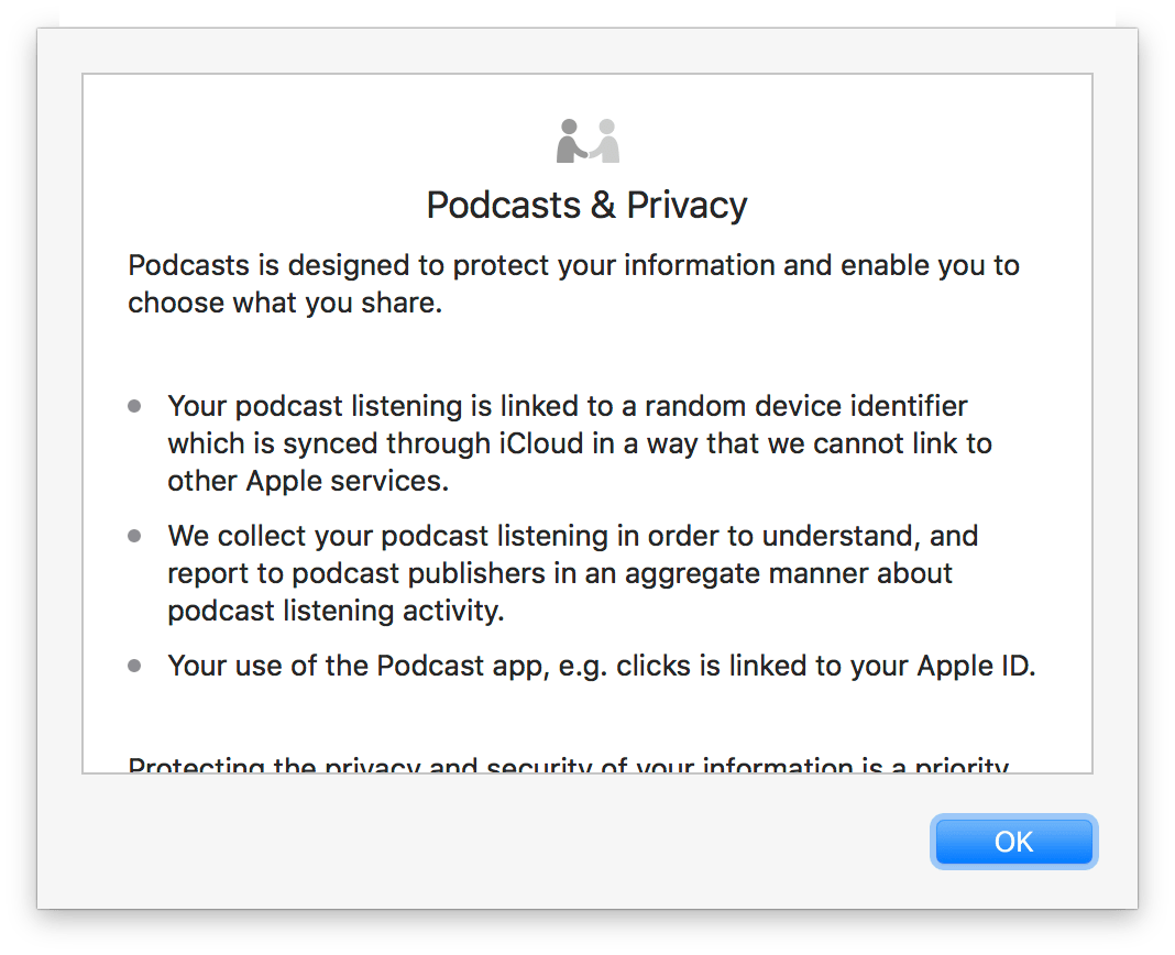 Alerta sobre privacidade no app "Podcast" para macOS