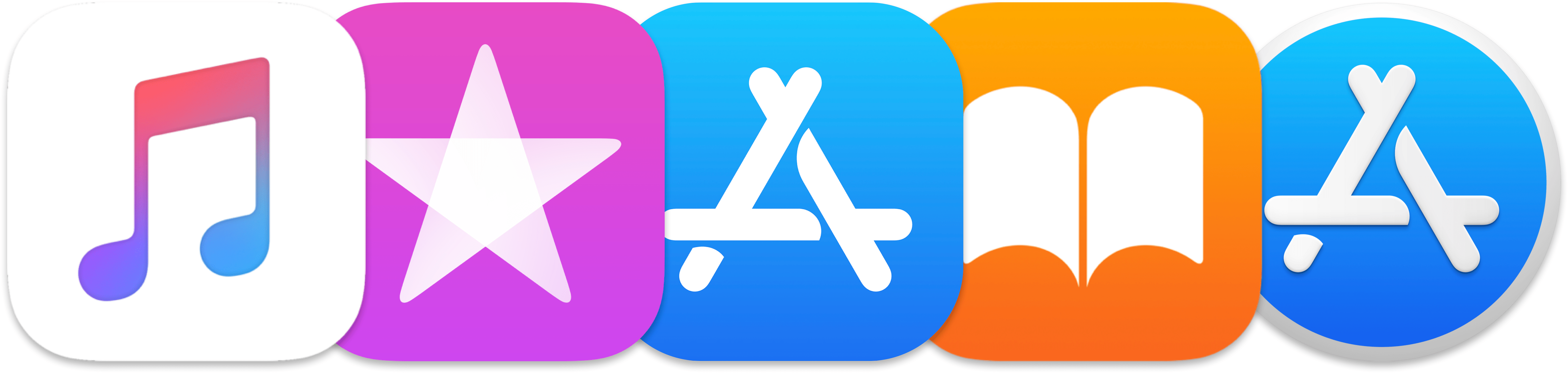 Ícones do Apple Music, da iTunes Store, da App Store, da iBooks Store e da Mac App Store