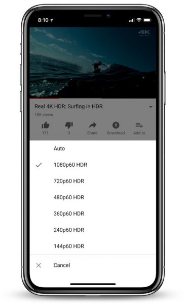 App do YouTube para iPhone X exibindo opção de HDR