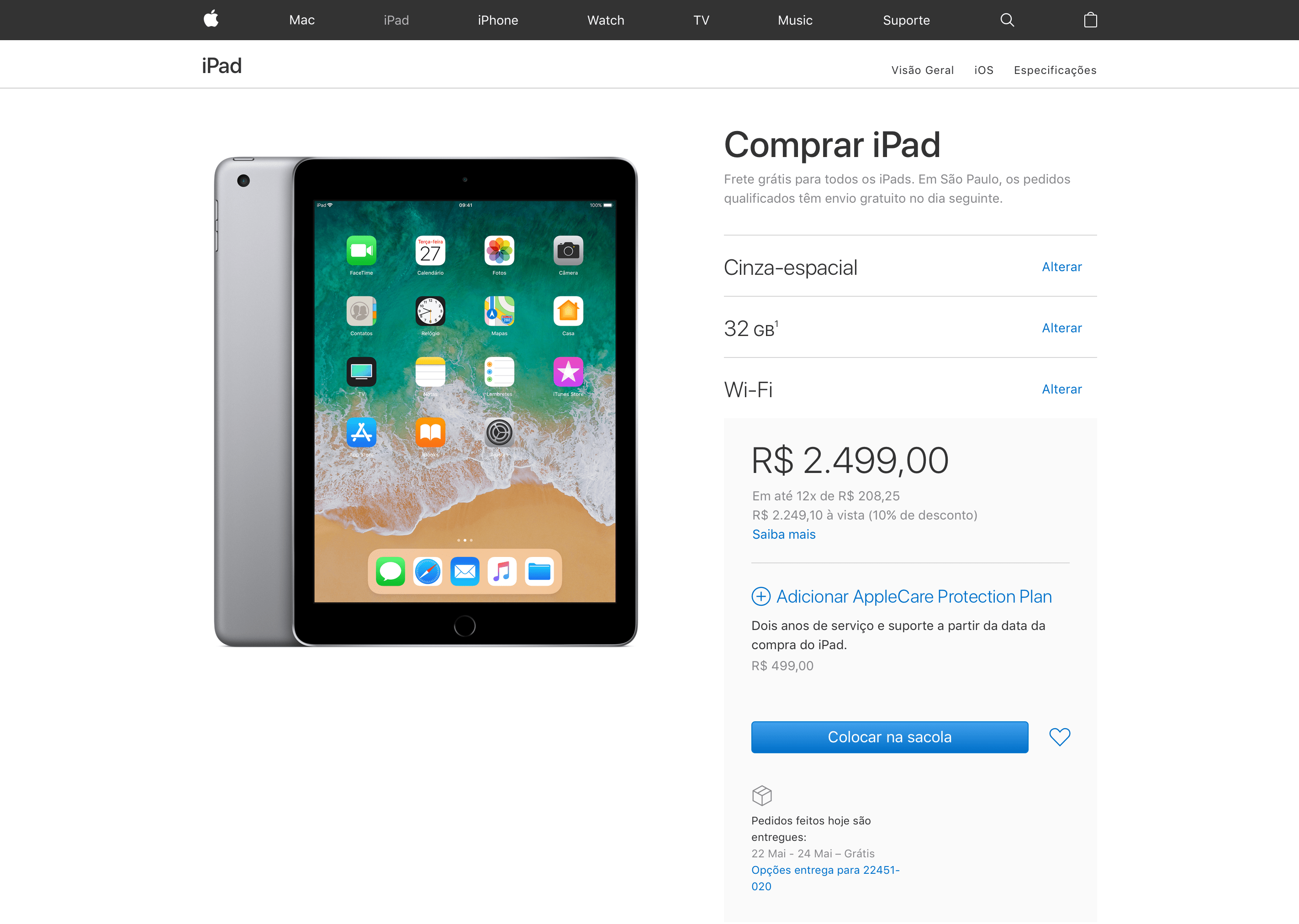 Simulação de compra do iPad de sexta geração