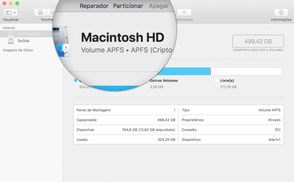 Volume principal já convertido para o Apple File System (APFS)