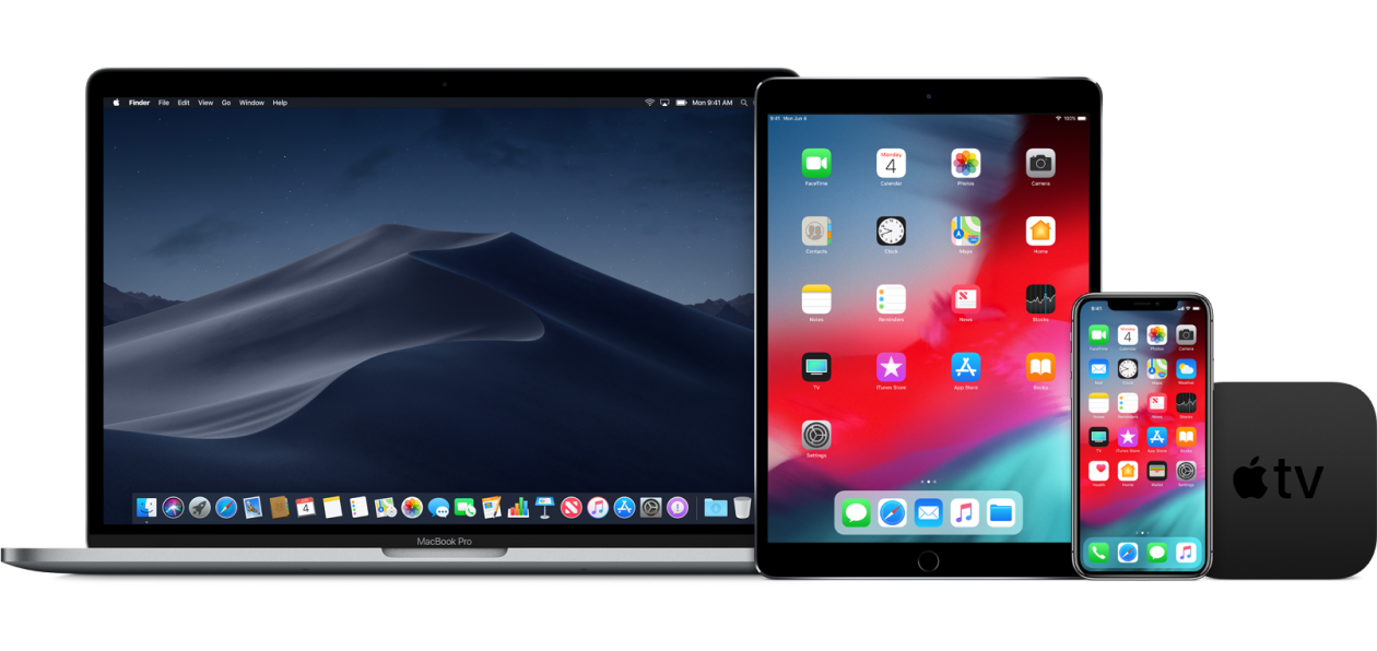 MacBook Pro, iPad, iPhone X e Apple TV rodando sistemas beta