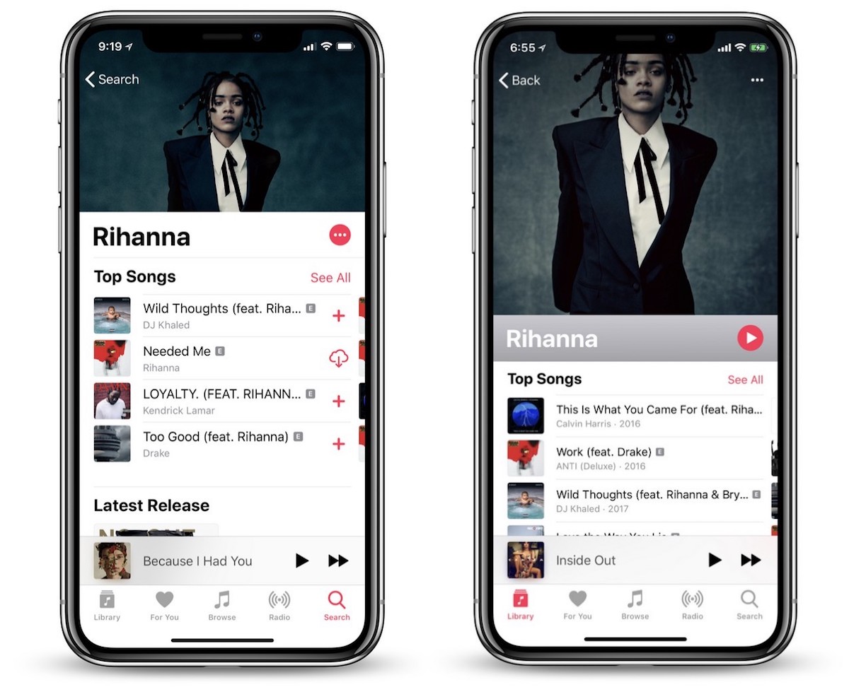Página de artistas no Apple Music | iOS 11.4 à esquerda; iOS 12 à direita