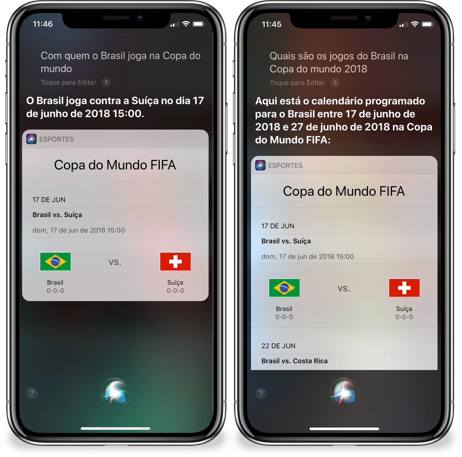Siri respondendo perguntas sobre a Copa do Mundo