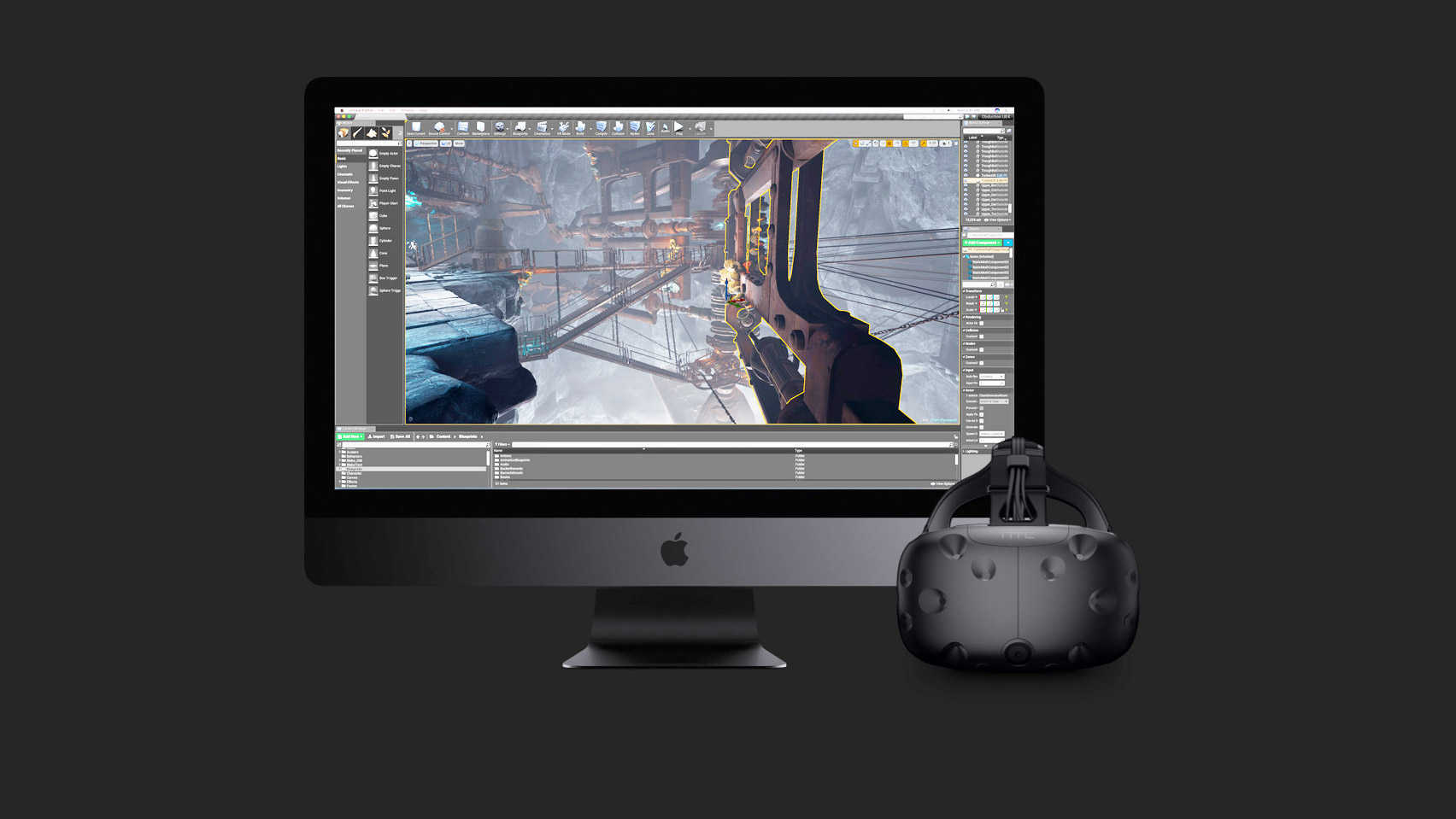 Dispositivo de realidade virtual HTC Vive plugado a um iMac