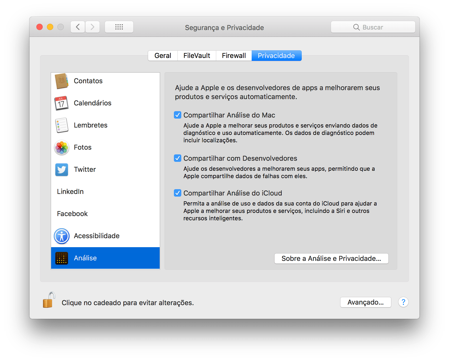 Opções de privacidade no macOS