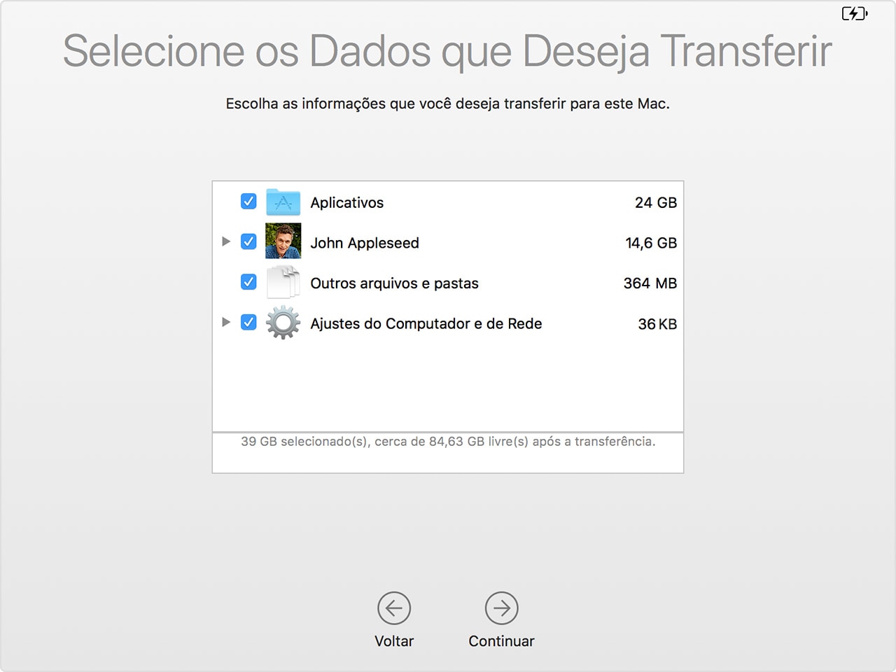 Assistente de Migração do macOS: dados