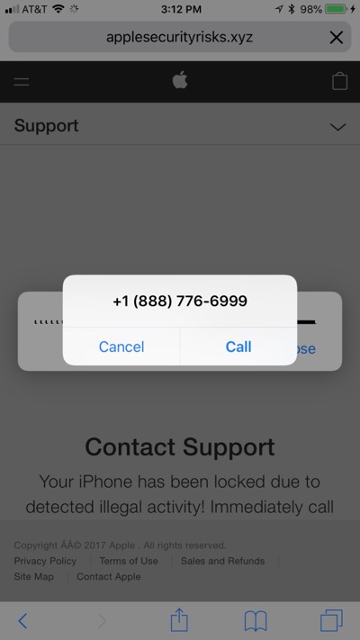 Screenshot do número que o usuário é induzido a ligar