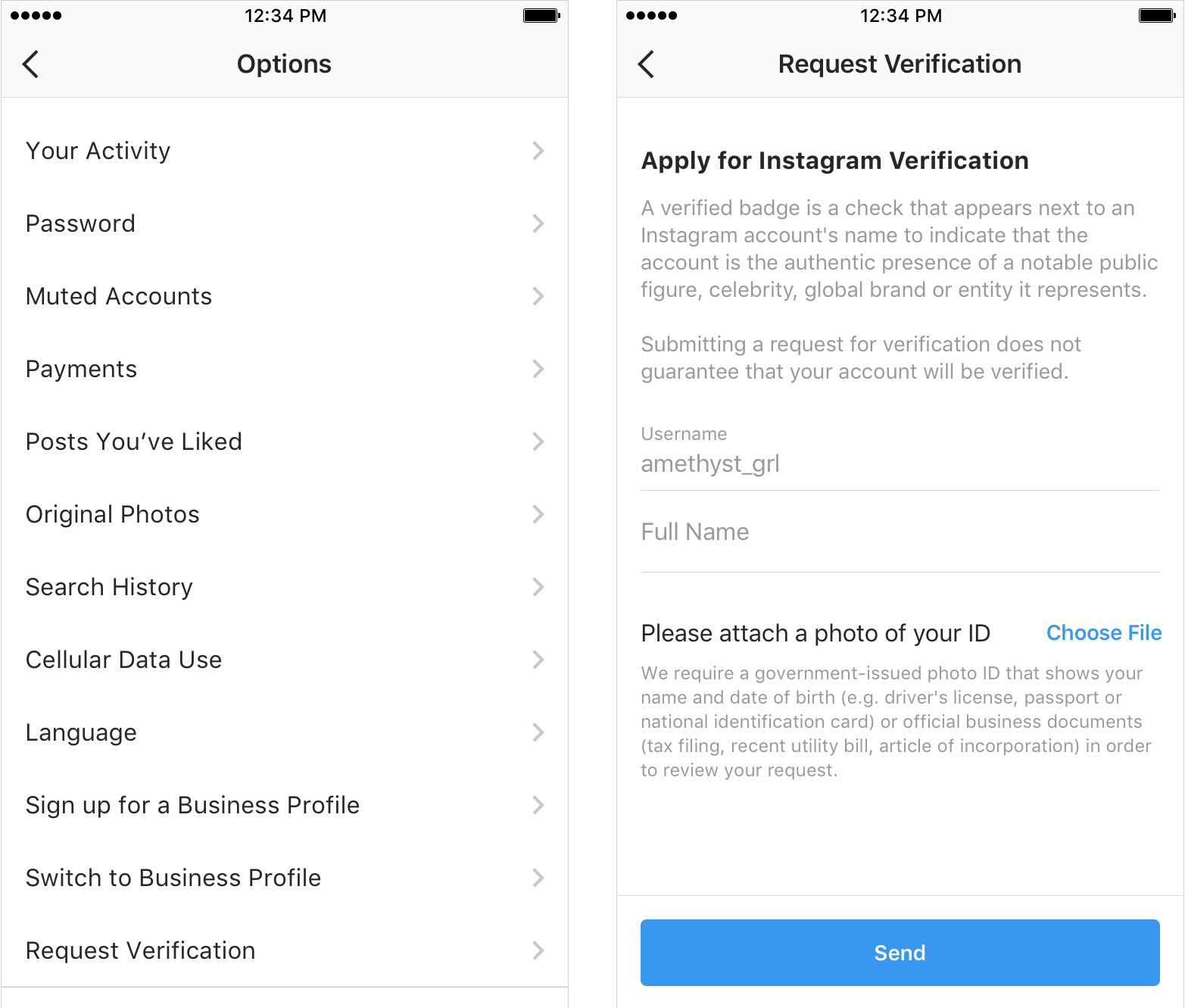 Formulário de verificação de contas no Instagram