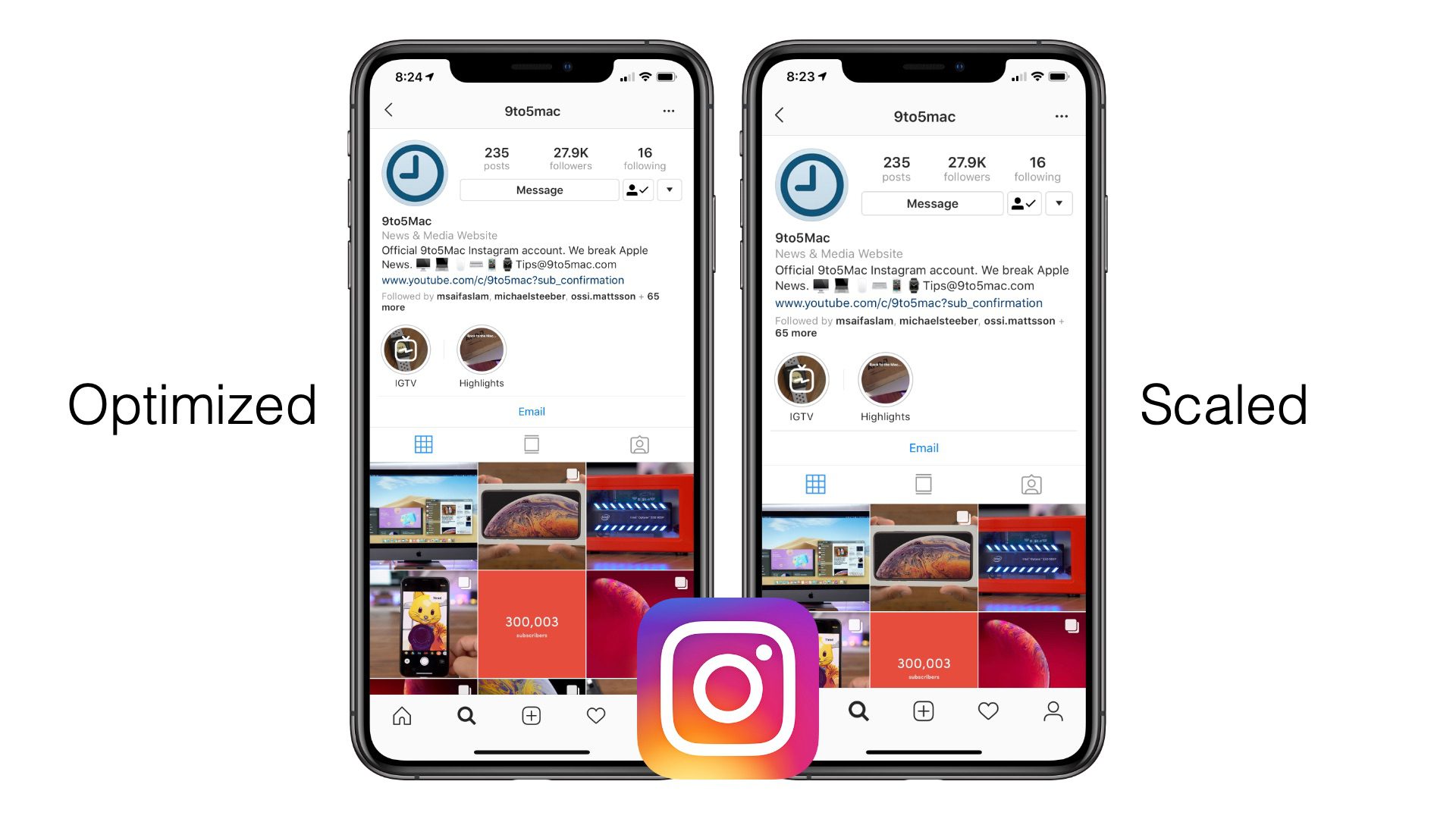 Comparação entre versões otimizada e ampliada do Instagram no iPhone XS Max