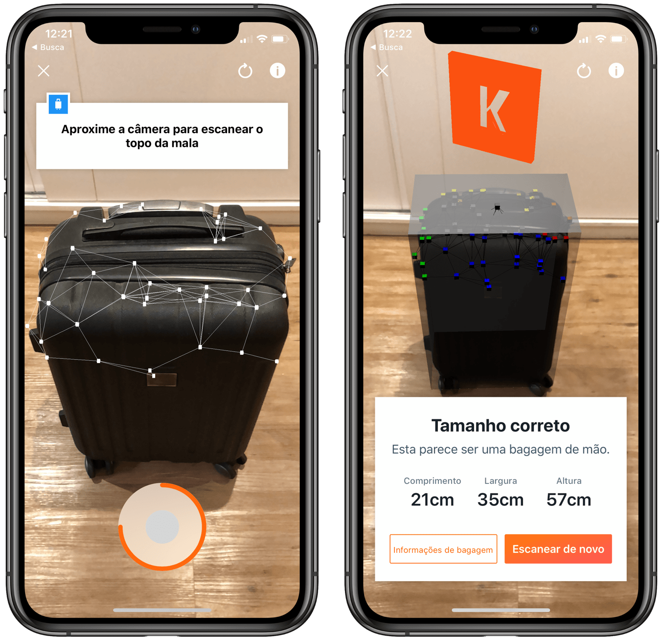 Medindo uma mala no app KAYAK