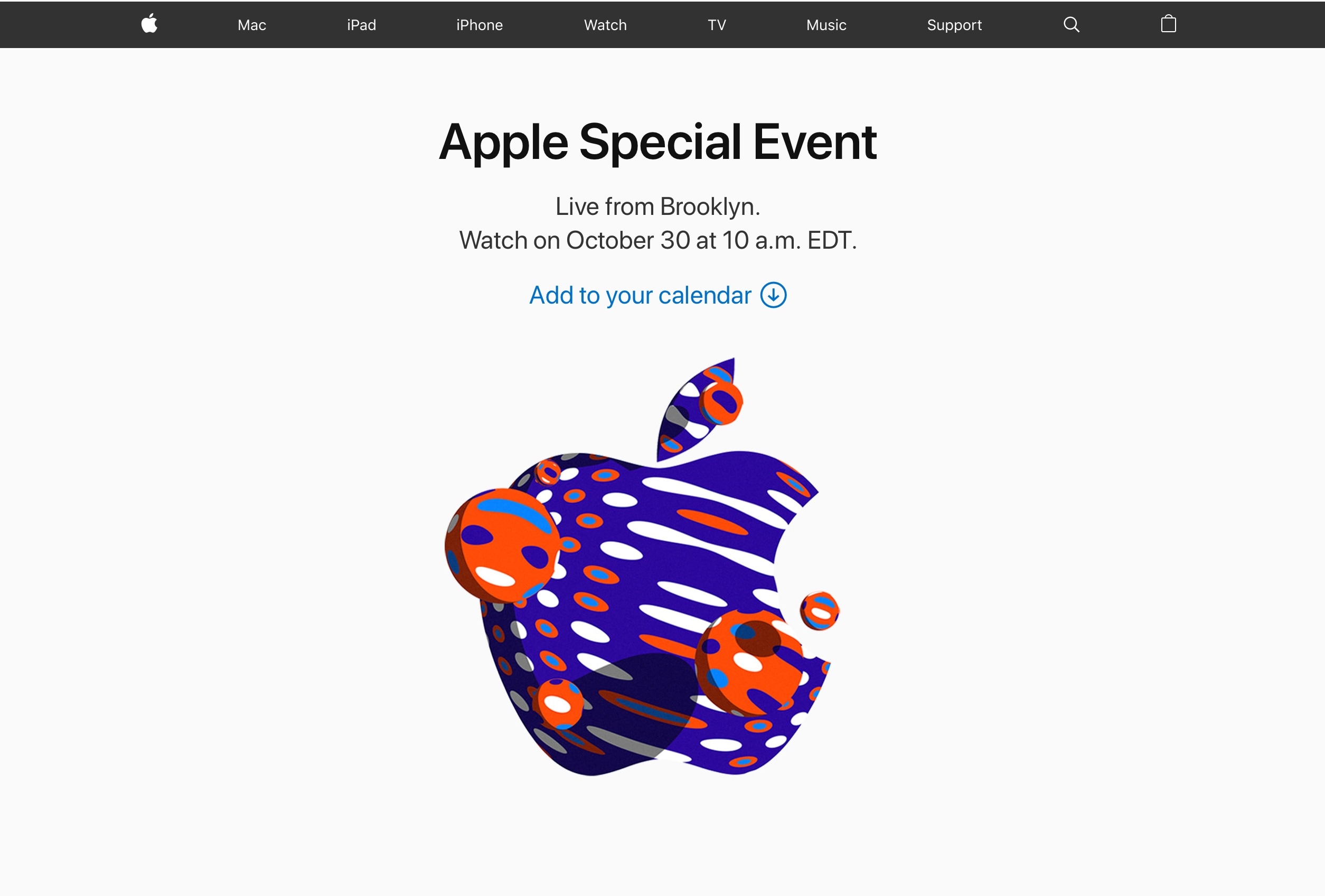 Página de transmissão do evento especial da Apple