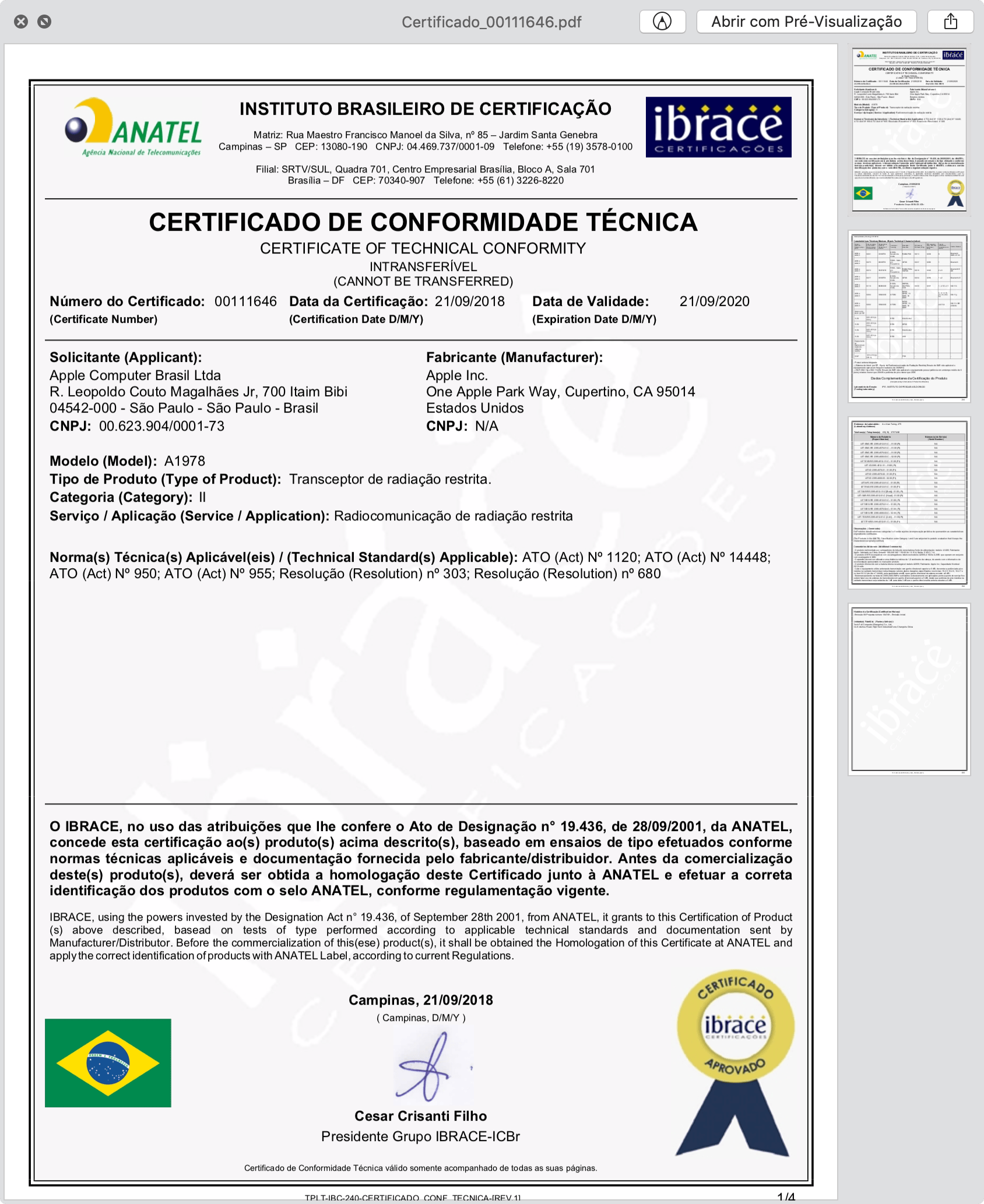 Homologação do Apple Watch Series 4 (GPS)