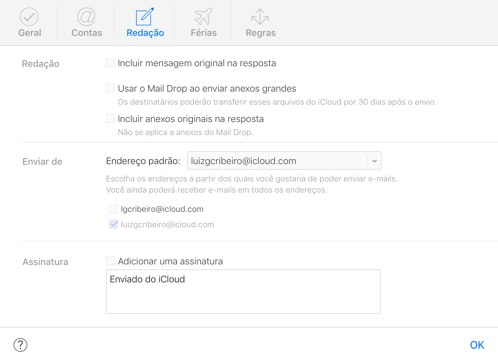 Configurações de email do iCloud