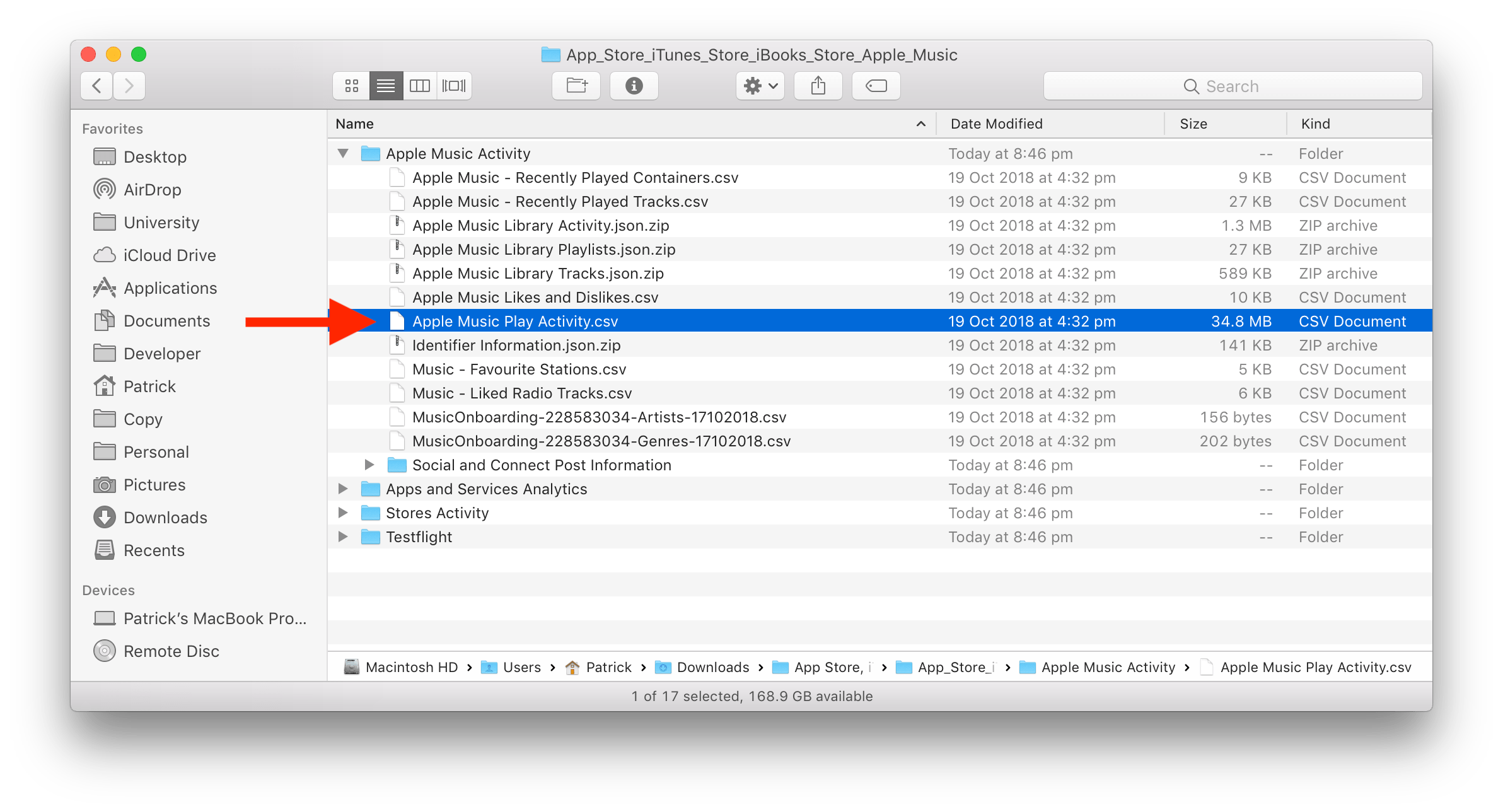 Arquivo CSV com dados do Apple Music