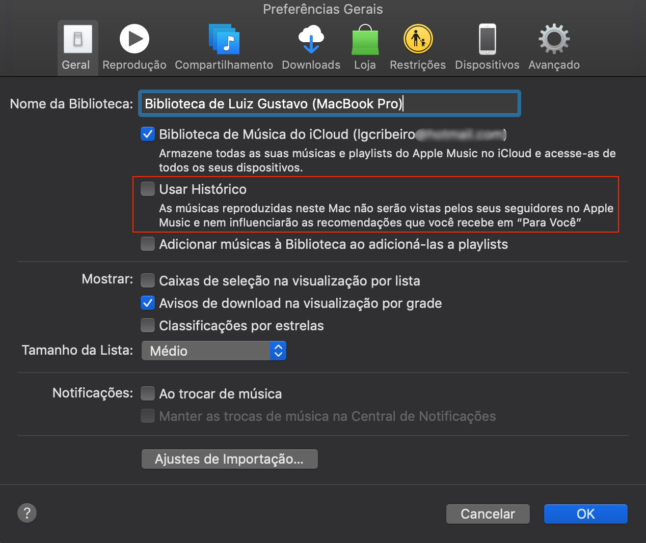 Preferências do iTunes no macOS