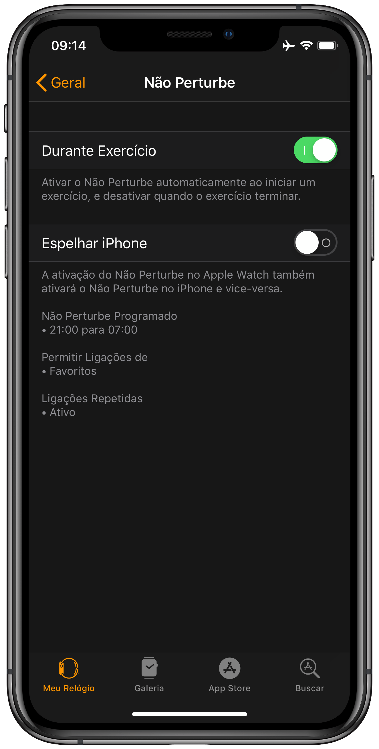 Ajustes do Não Perturbe do Apple Watch