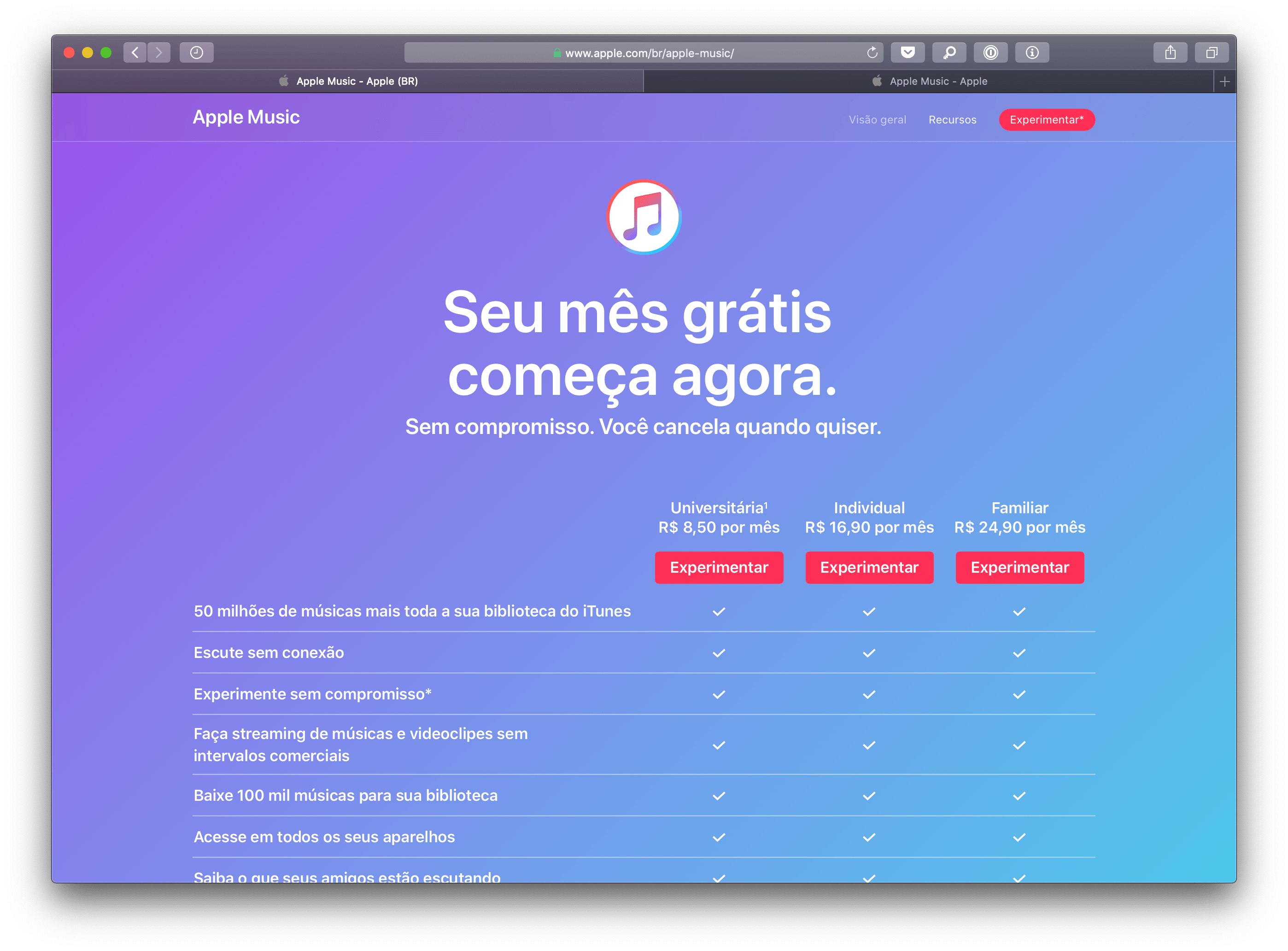 Trial do Apple Music no Brasil
