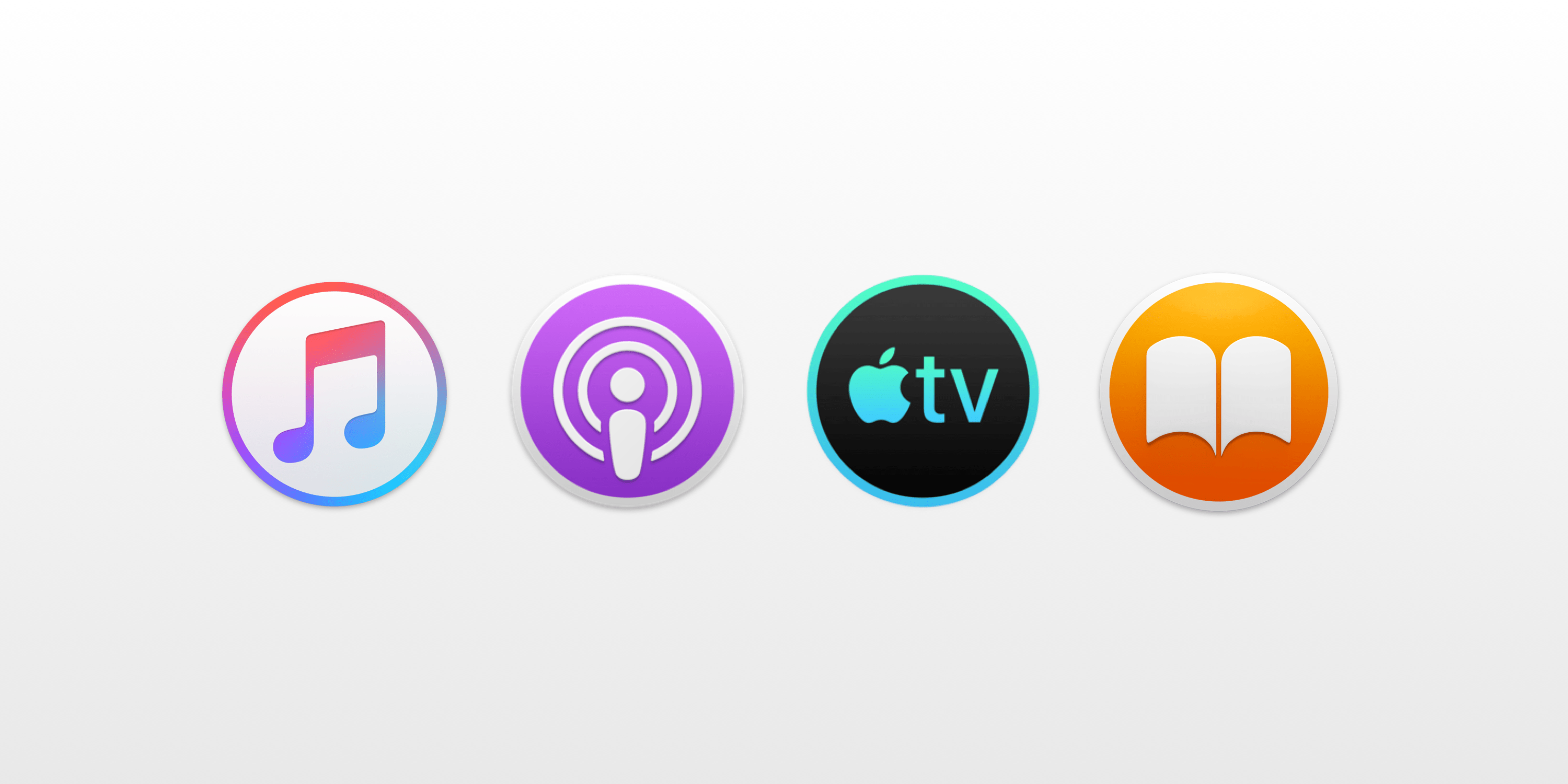 Ícones dos novos apps Música, Podcasts, Apple TV e Livros para macOS