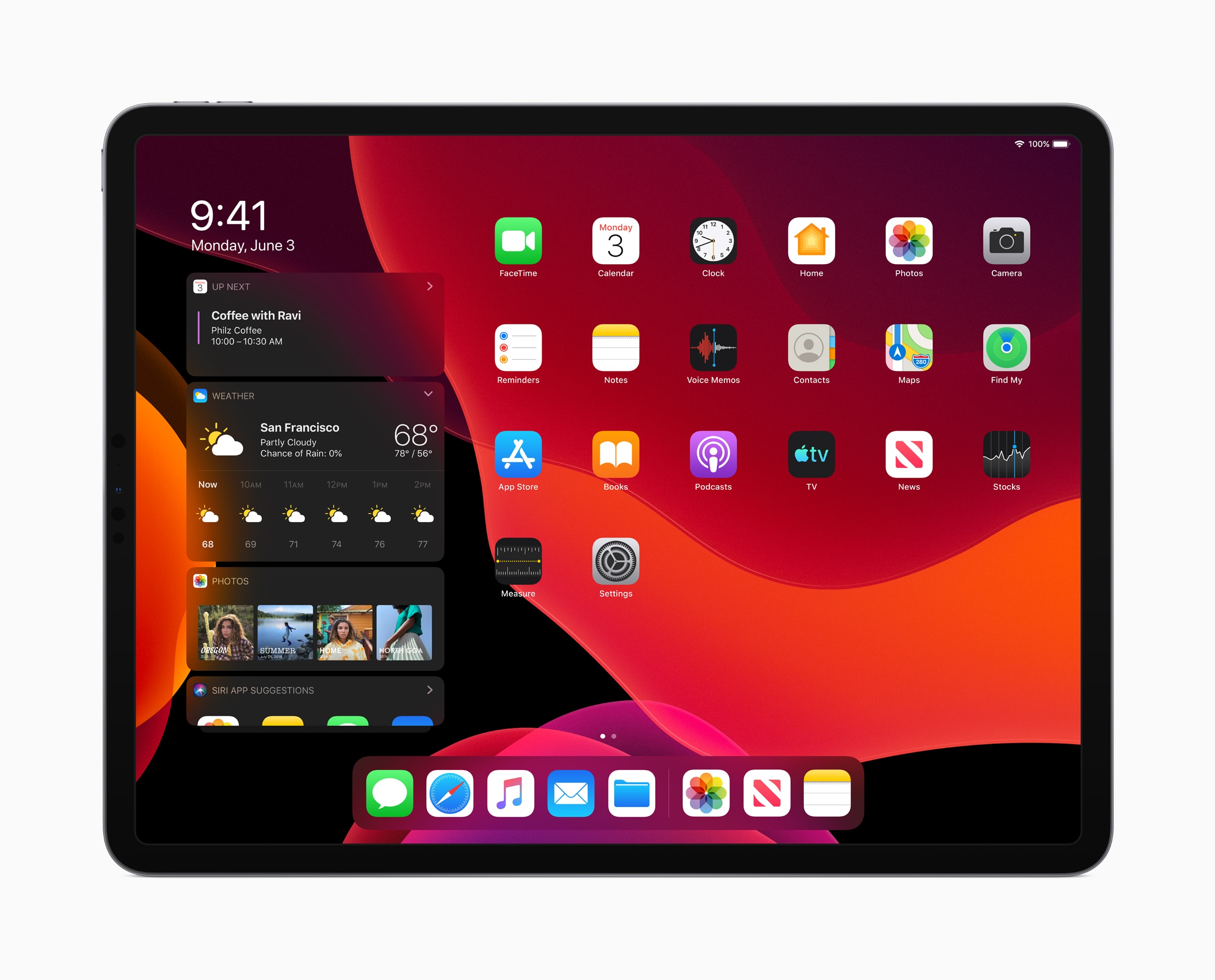 Tela inicial do iPad com Modo Escuro no iPadOS 13