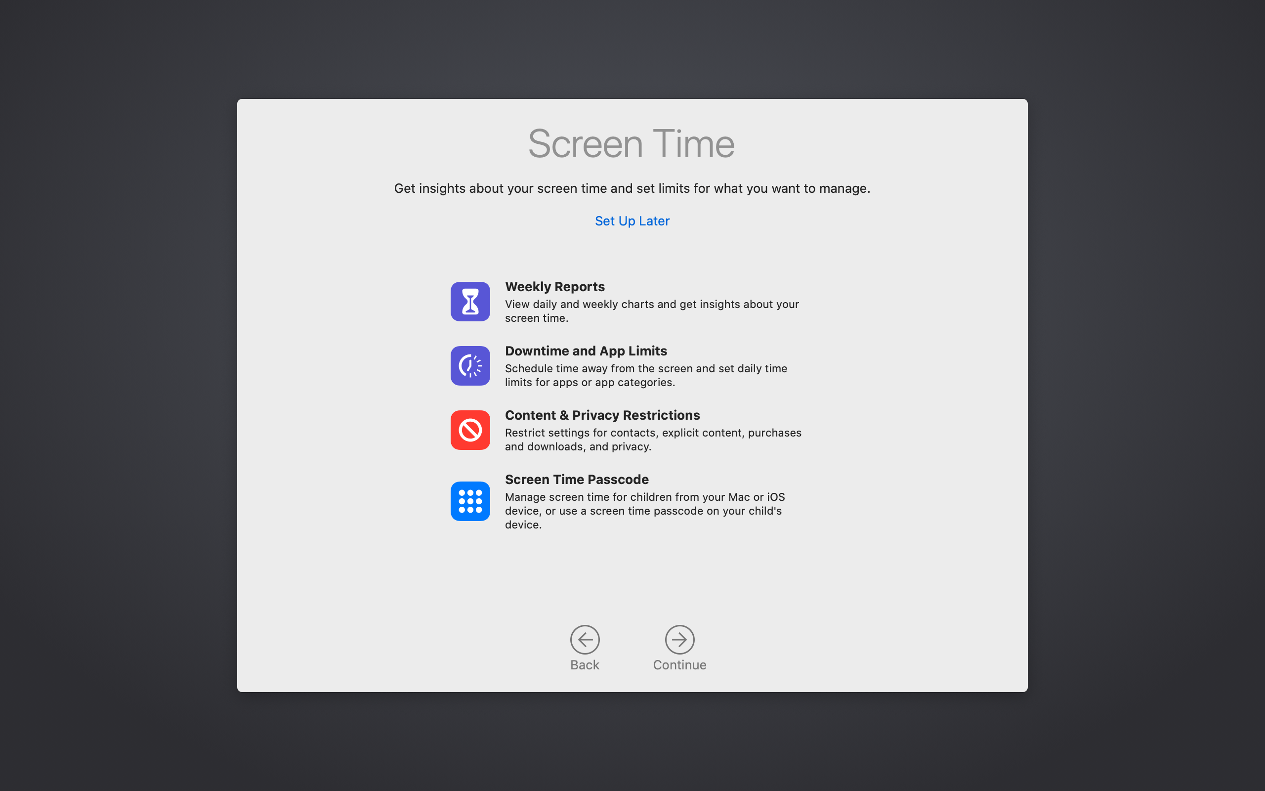 Screen Time no setup inicial do macOS Catalina