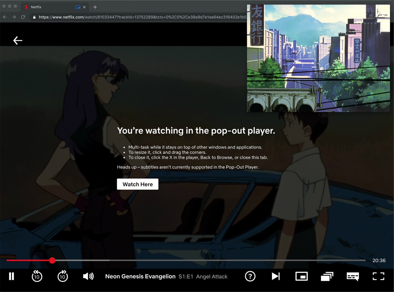 Player pop-out da Netflix no Mac