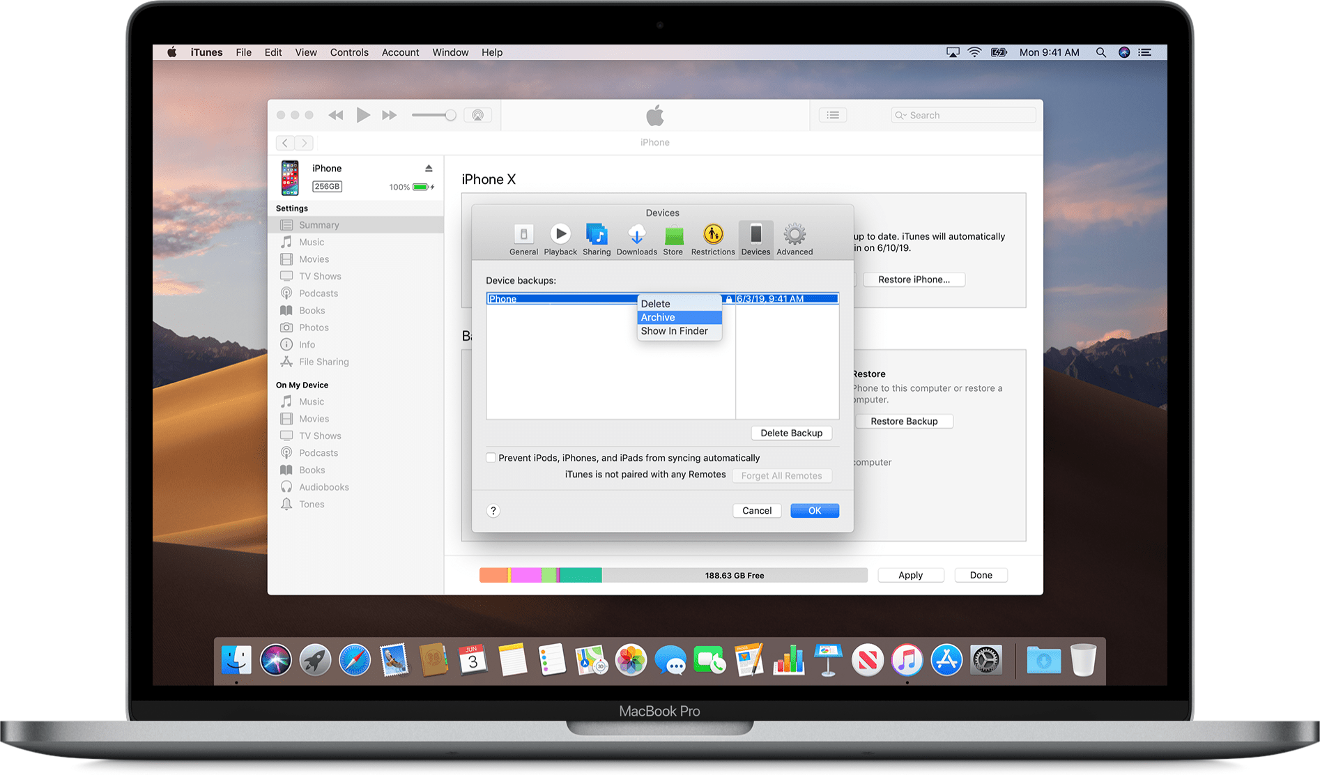 Arquivando um backup pelo iTunes no macOS Mojave