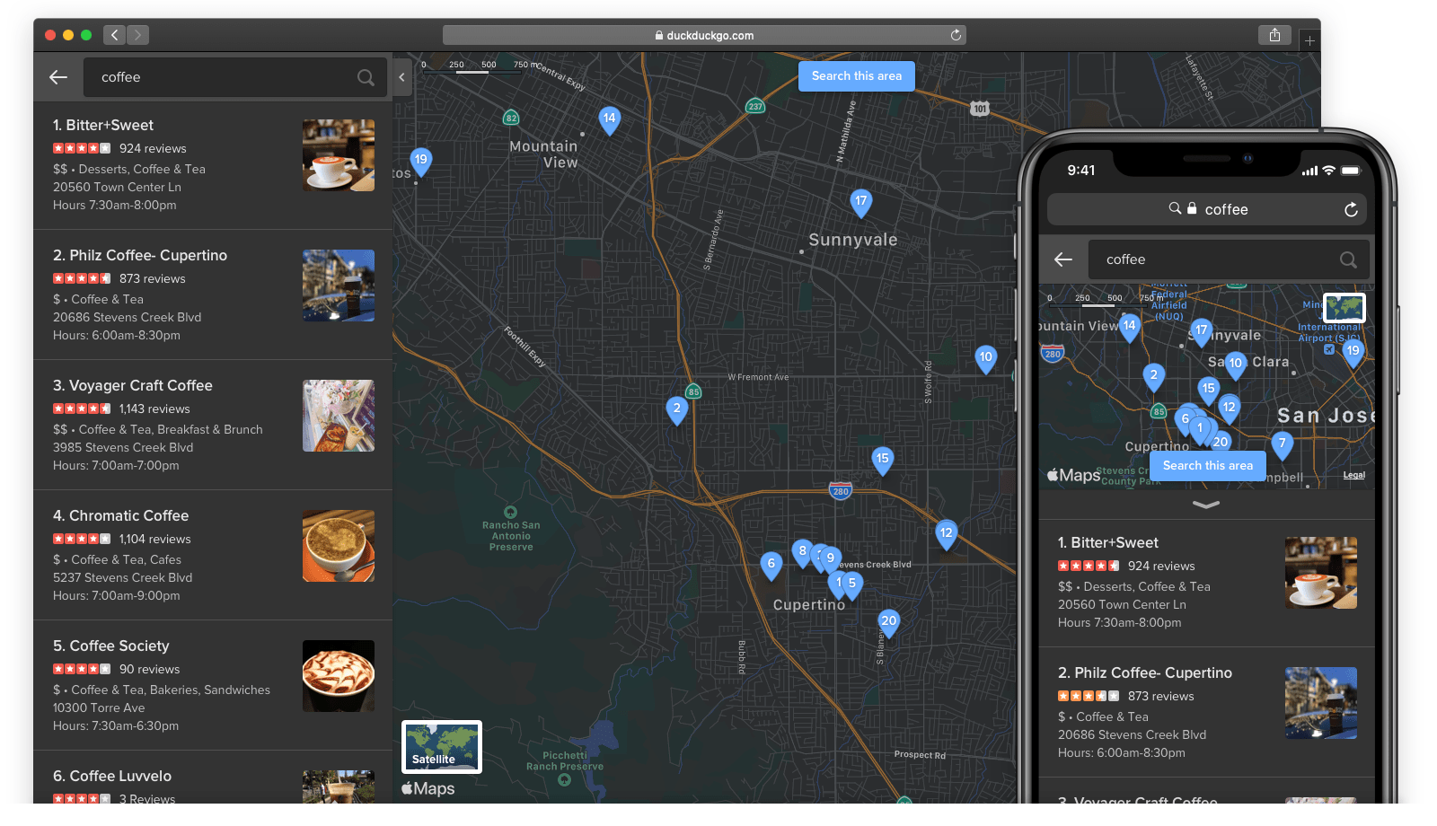 Modo escuro nos mapas da Apple no DuckDuckGo