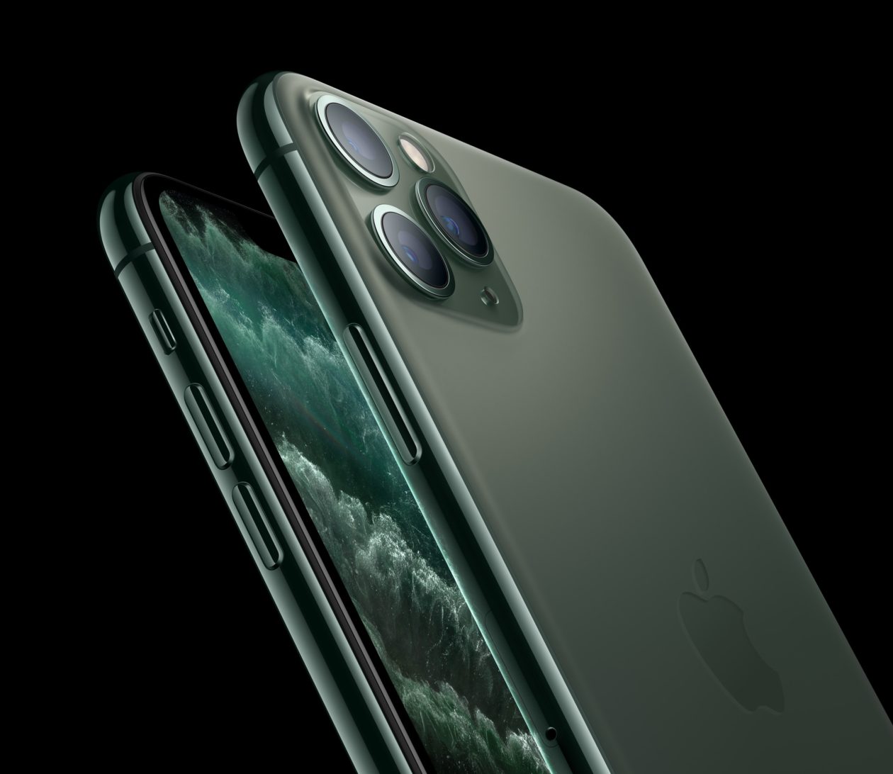 iPhone 11 Pro Max na cor verde meia-noite inclinado na diagonal