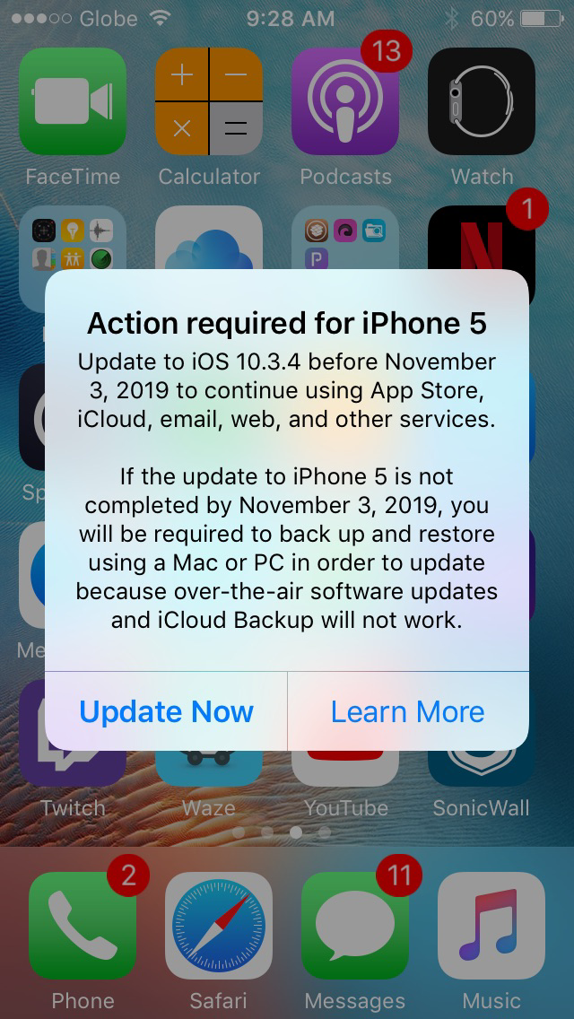 Alerta do iOS 10.3.4 no iPhone 5