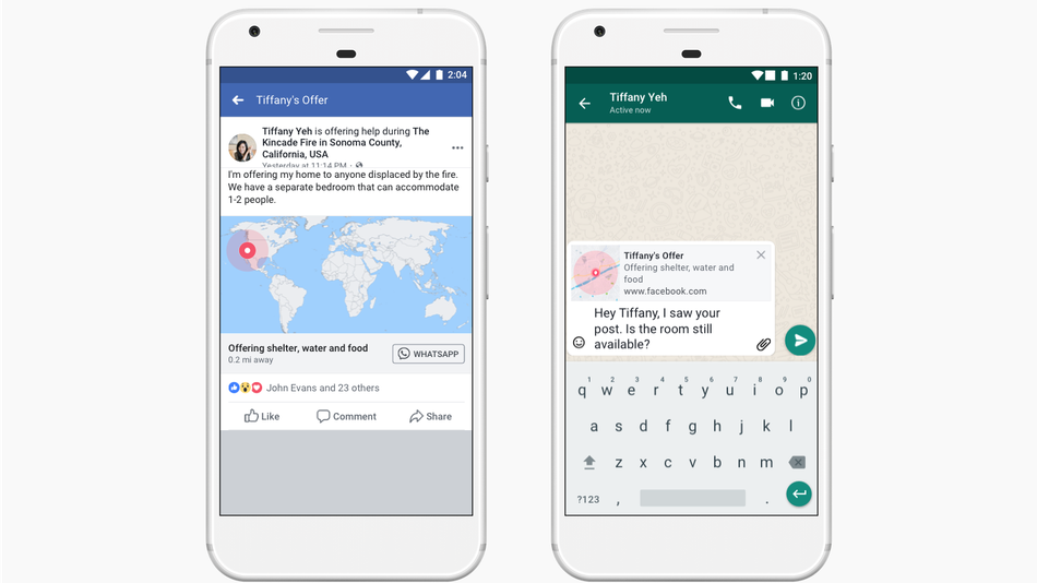 Integração do WhatsApp com a ferramenta de auxílio em desastres do Facebook
