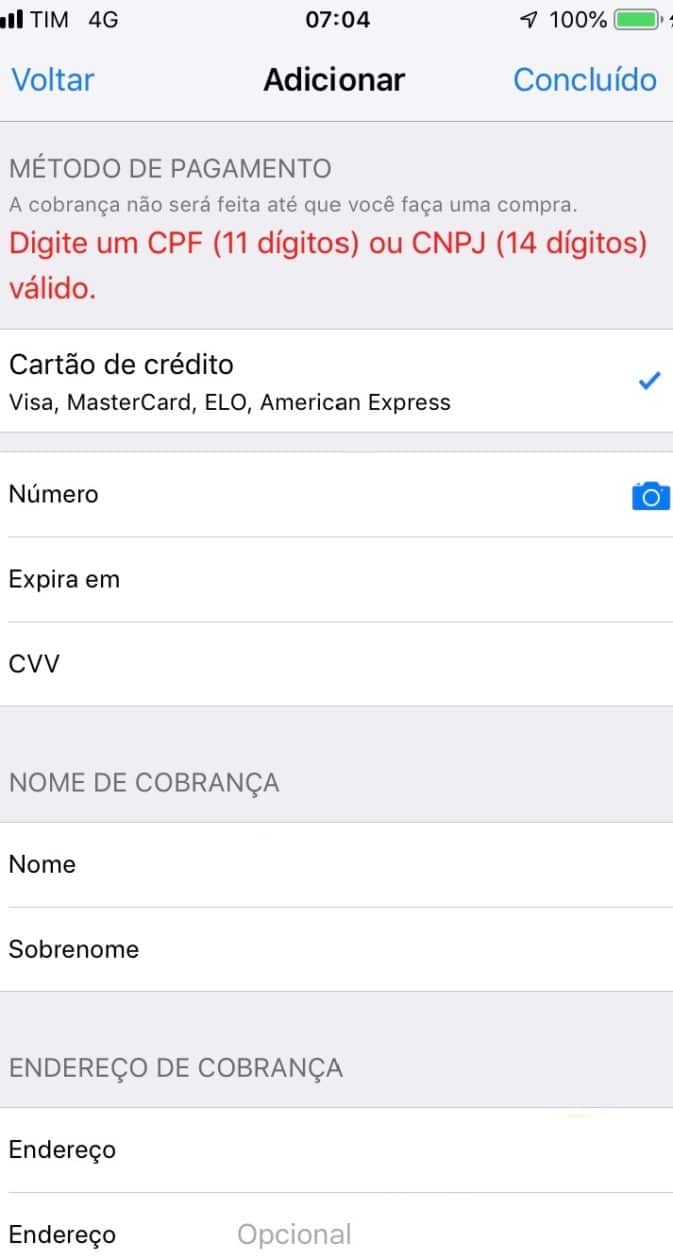 Bug - Campo CPF/CNPJ Apple ID