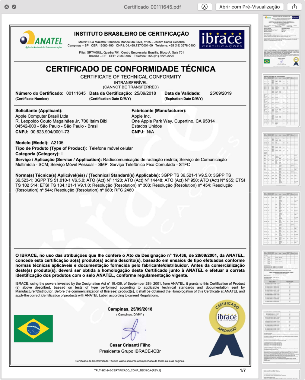 Certificado de Conformidade Técnica do iPhone XR