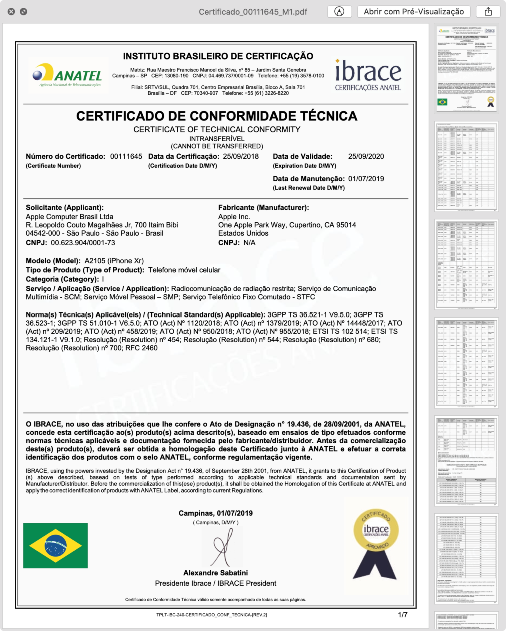 Certificado de Conformidade Técnica do iPhone XR