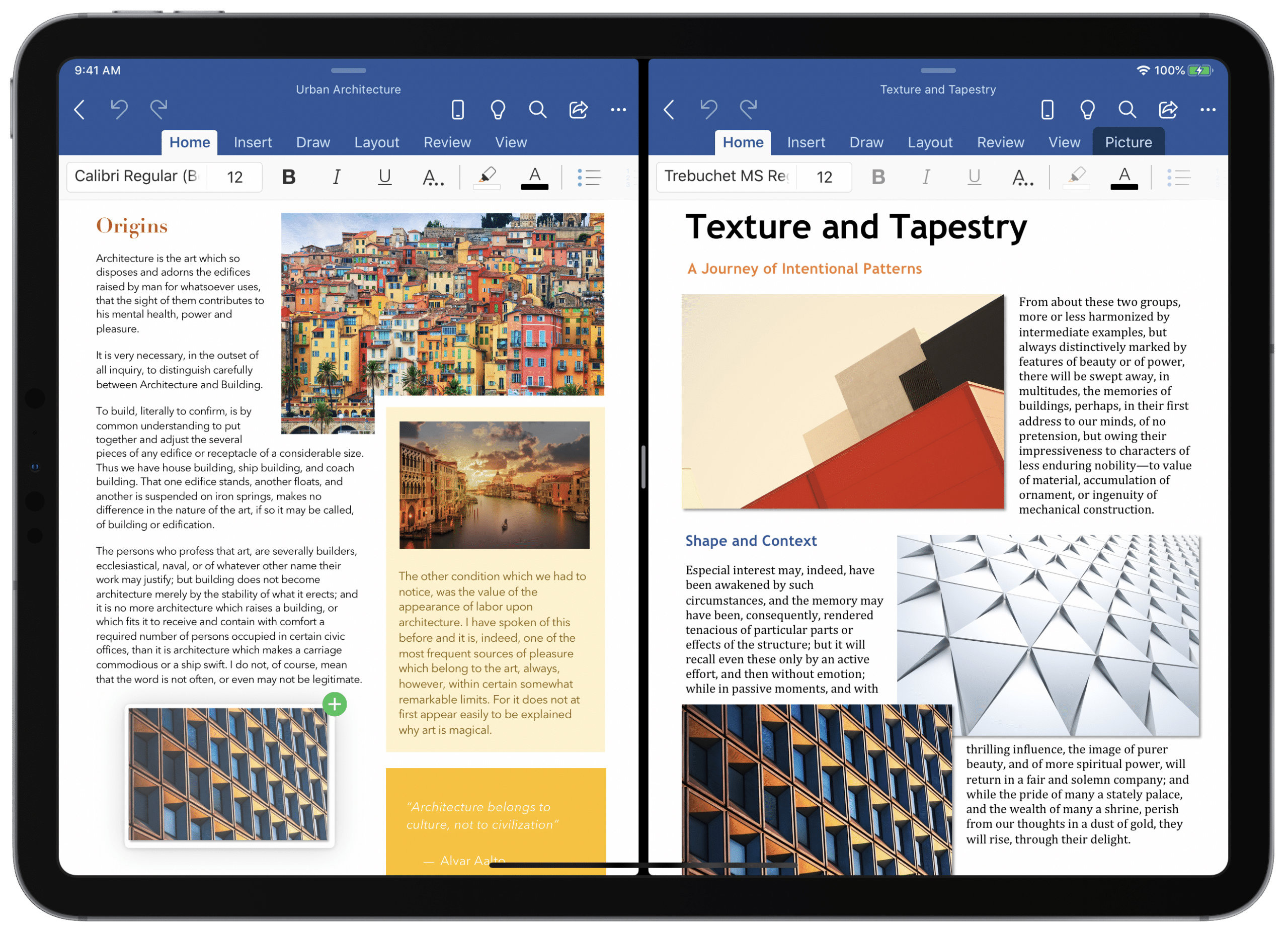 Duas janelas do app Word rodando em modo Split View no iPad