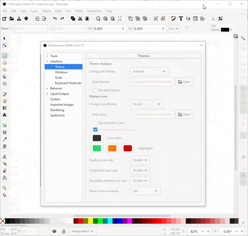 Temas e personalização do Inkscape
