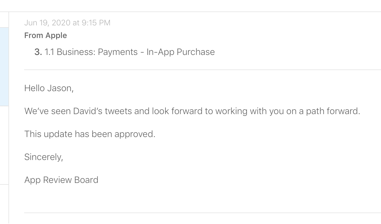 Email da equipe da App Store recebido pela Basecamp