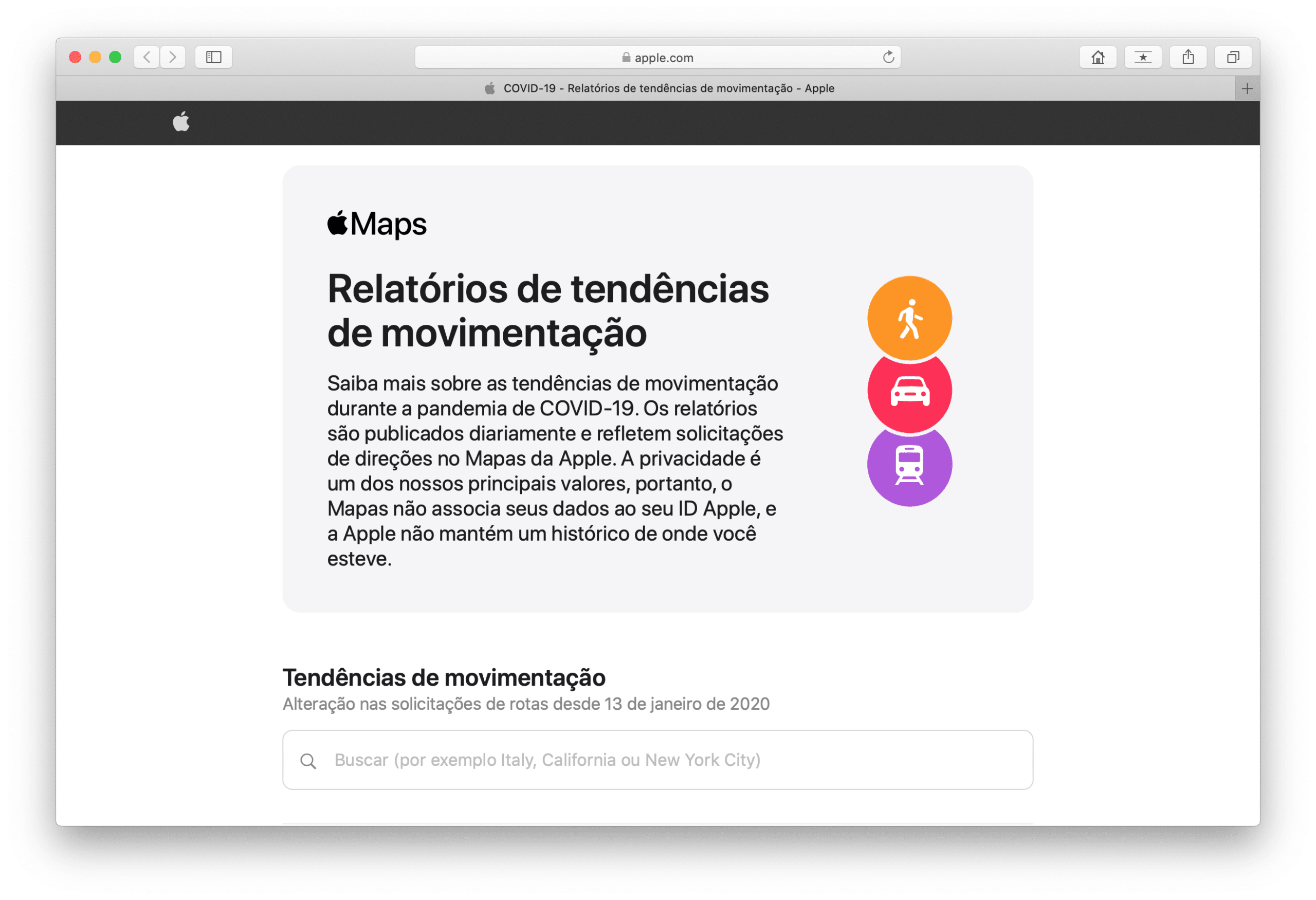 Relatórios de tendências de movimentação da Apple