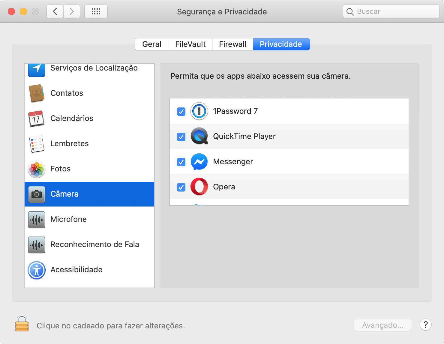 Área do macOS listando os apps que utilizam a câmera