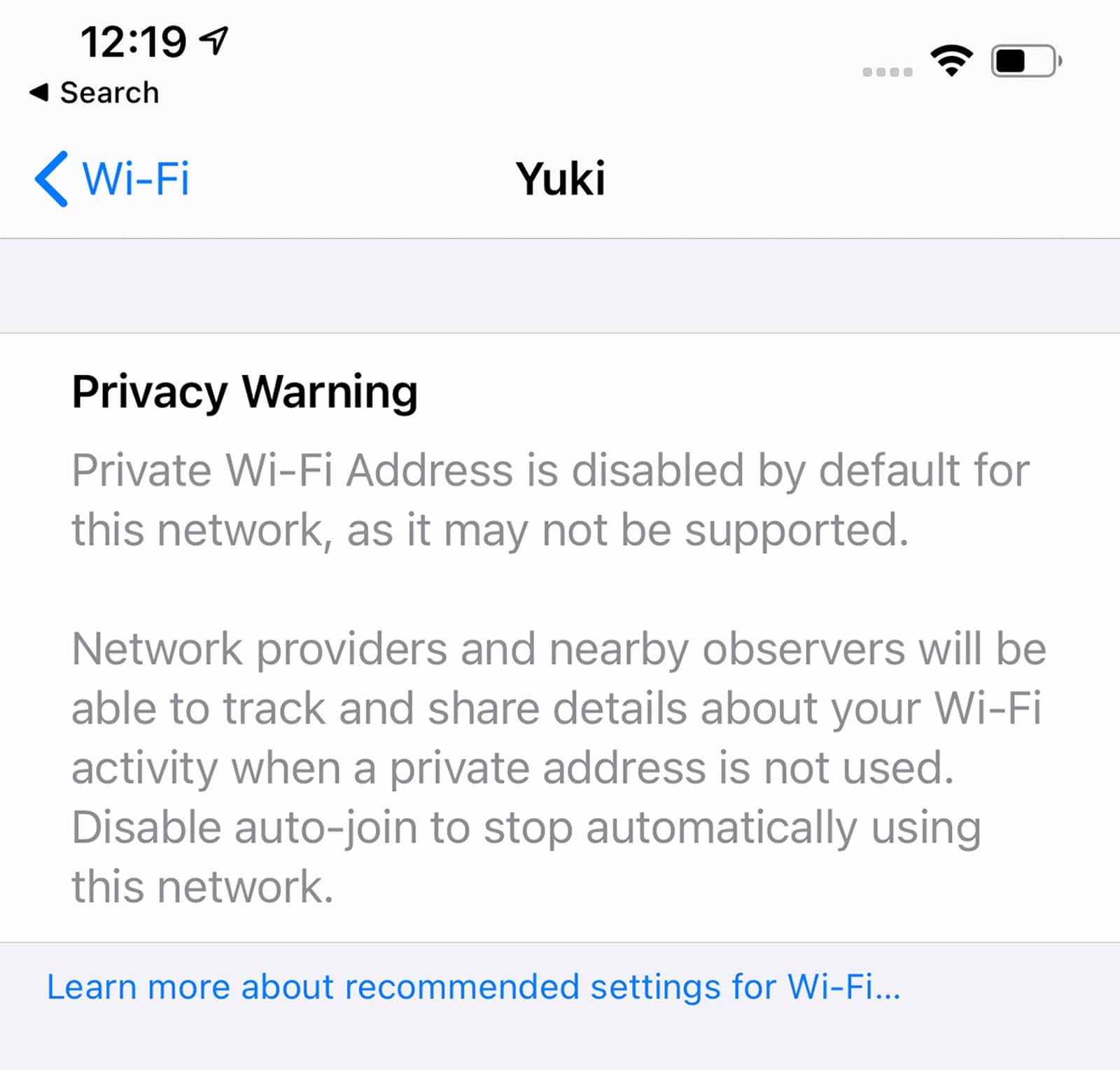 Alerta de rede Wi-Fi sem endereço privado no iOS 14